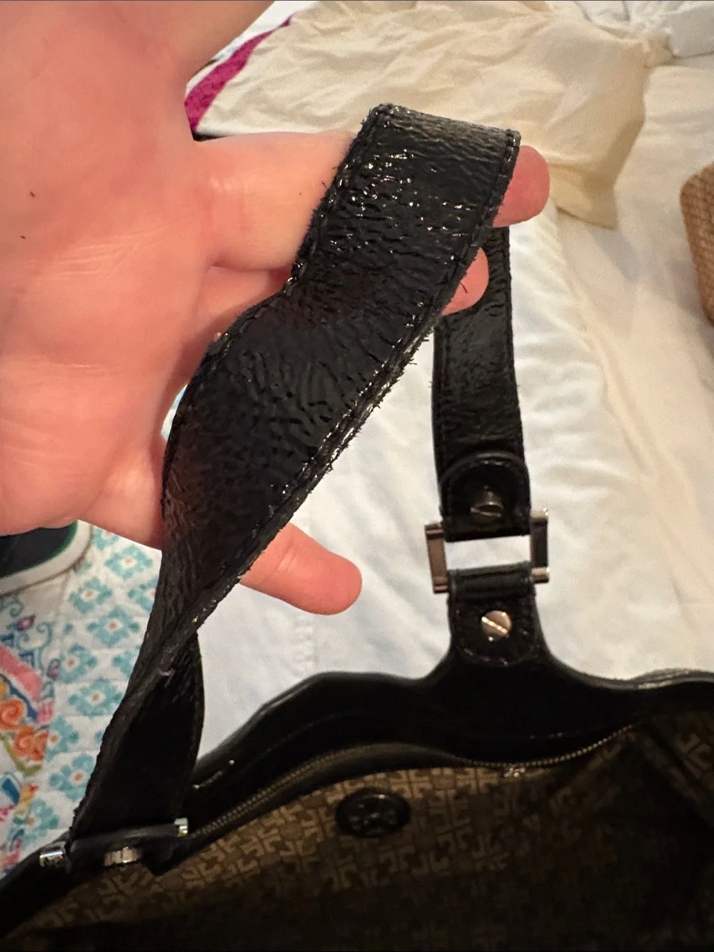 Tory Burch Black Patent Leather Logo Tote